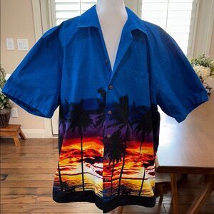 Favant Hawaiian Shirt XL Blue Sunset Palm Tree Beach Print Aloha Vacation Summer